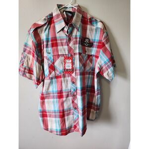 NWT Red Ape Plaid Shirt & Cargo Shorts Matching Set Red Blue Y2K Streetwear
